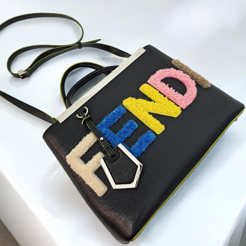 Fendi 2Jours Black Leather Tote Crossbody Bag Multicolor Shearling Logo - Picture 12 of 16